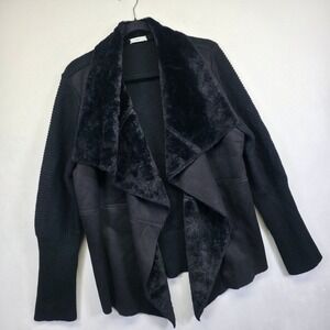 Hazel Faux Fur Suede Cardigan Women 1X Black Draped Elevated Minimalist Layering